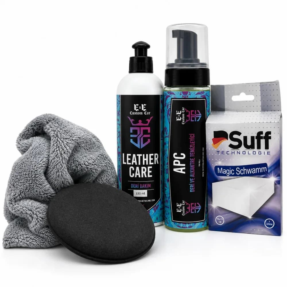 EE CUSTOM CAR DERİ TEMİZLEME VE BAKIM SETİ (APC VE LEATHER CARE, SUFF SİHİRLİ SÜNGER, MİKROFİBER BEZ, PED)